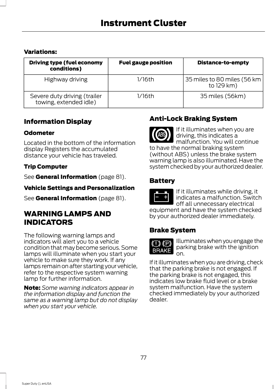 Warning lamps and indicators, Instrument cluster | FORD 2015 F-550 v.1 User Manual | Page 80 / 470