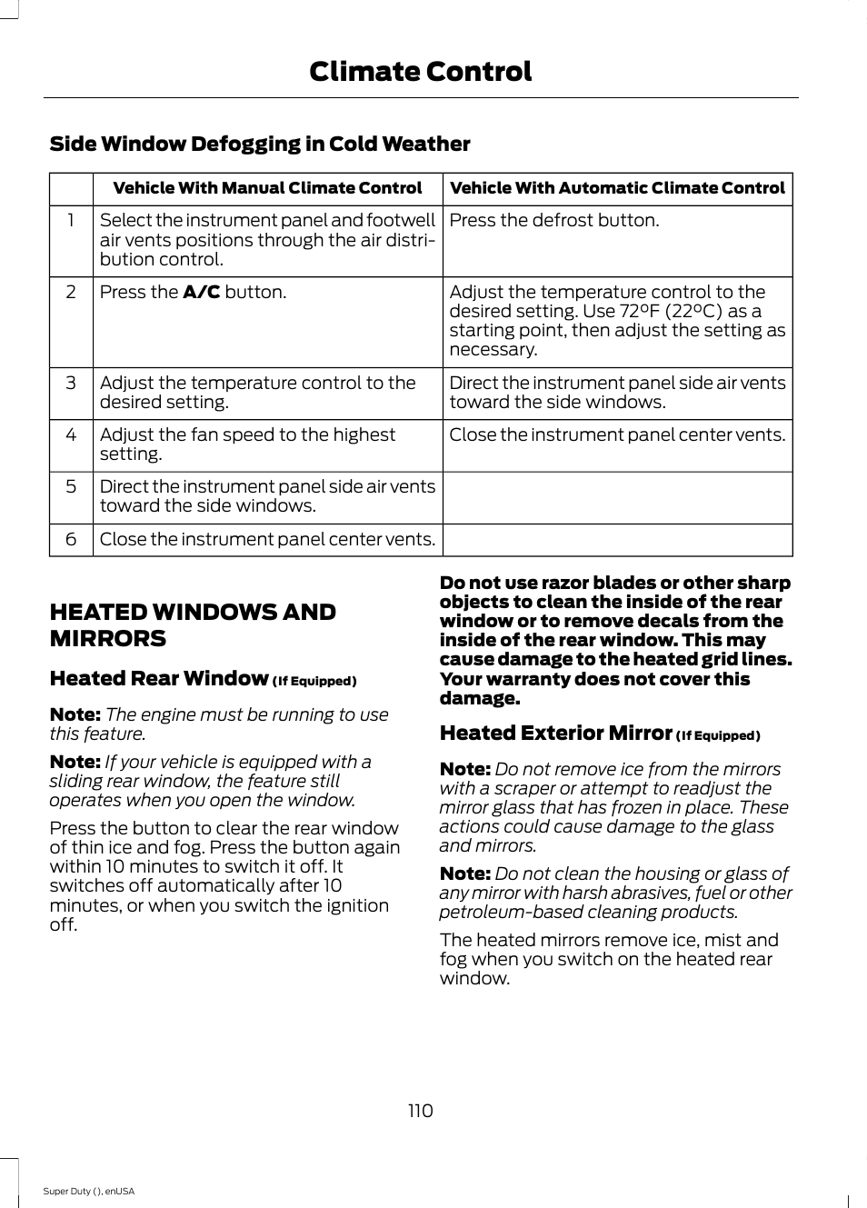 Heated windows and mirrors, Climate control | FORD 2015 F-550 v.2 User Manual | Page 113 / 468