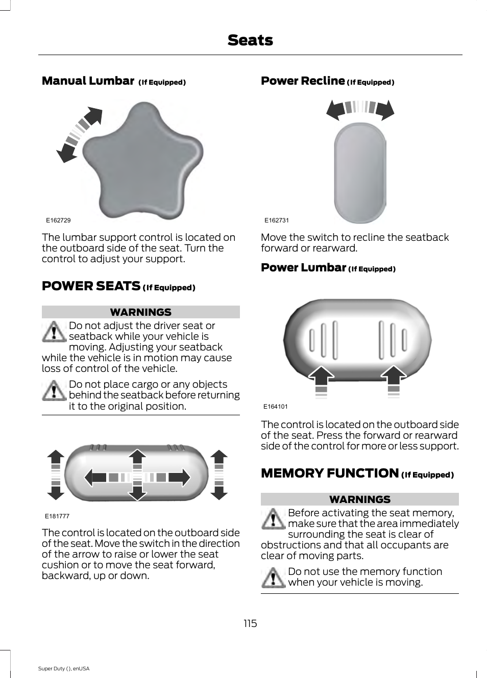 Power seats, Memory function, Seats | Manual lumbar, Power recline, Power lumbar | FORD 2015 F-550 v.2 User Manual | Page 118 / 468