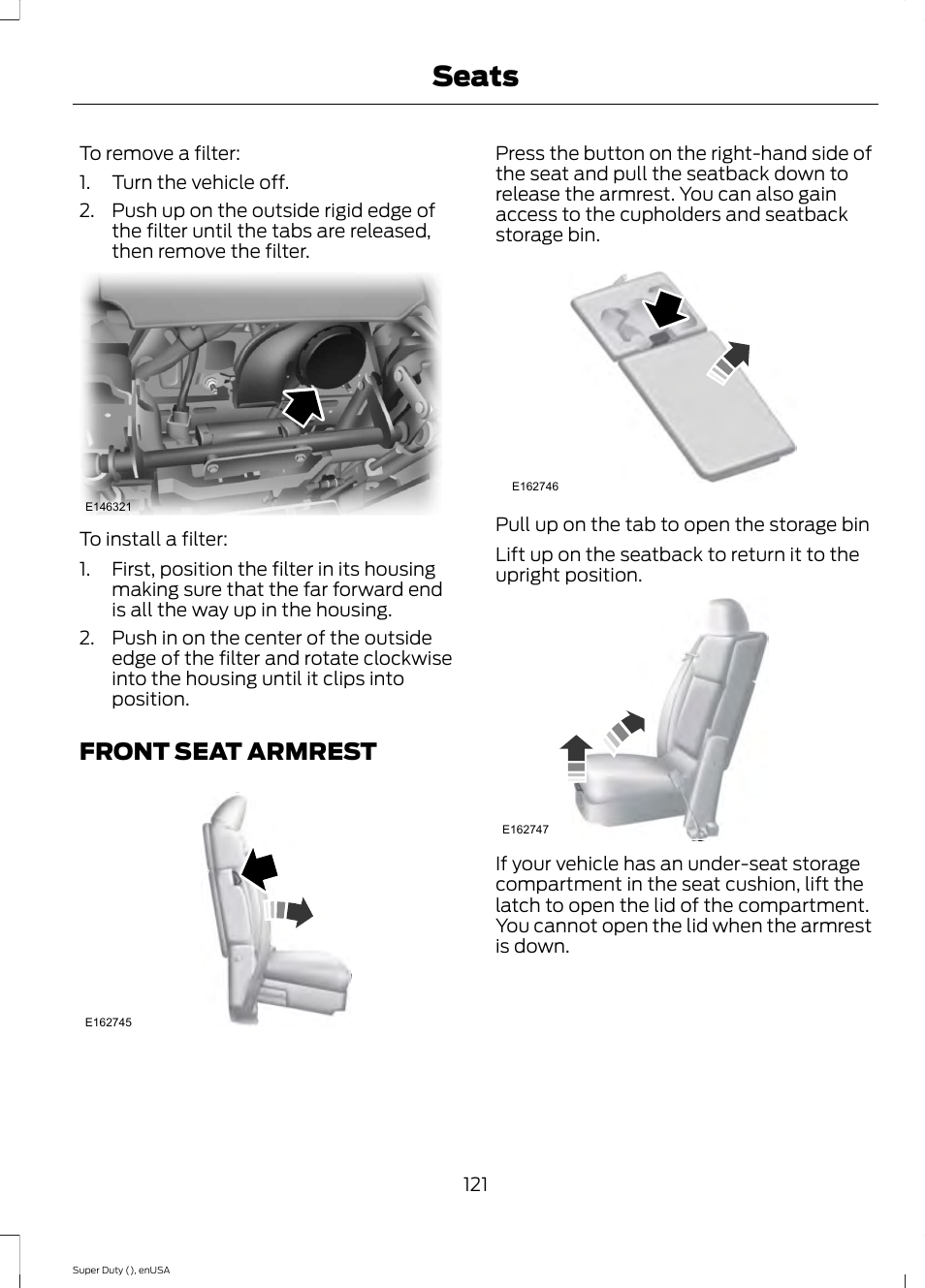 Front seat armrest, Seats | FORD 2015 F-550 v.2 User Manual | Page 124 / 468
