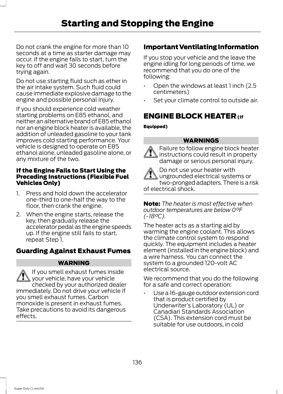 Engine block heater, Starting and stopping the engine | FORD 2015 F-550 v.2 User Manual | Page 139 / 468