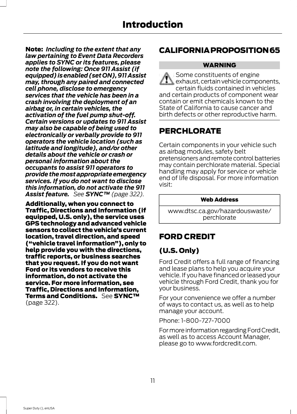 California proposition 65, Perchlorate, Ford credit | California proposition 65 perchlorate ford credit, Introduction | FORD 2015 F-550 v.2 User Manual | Page 14 / 468