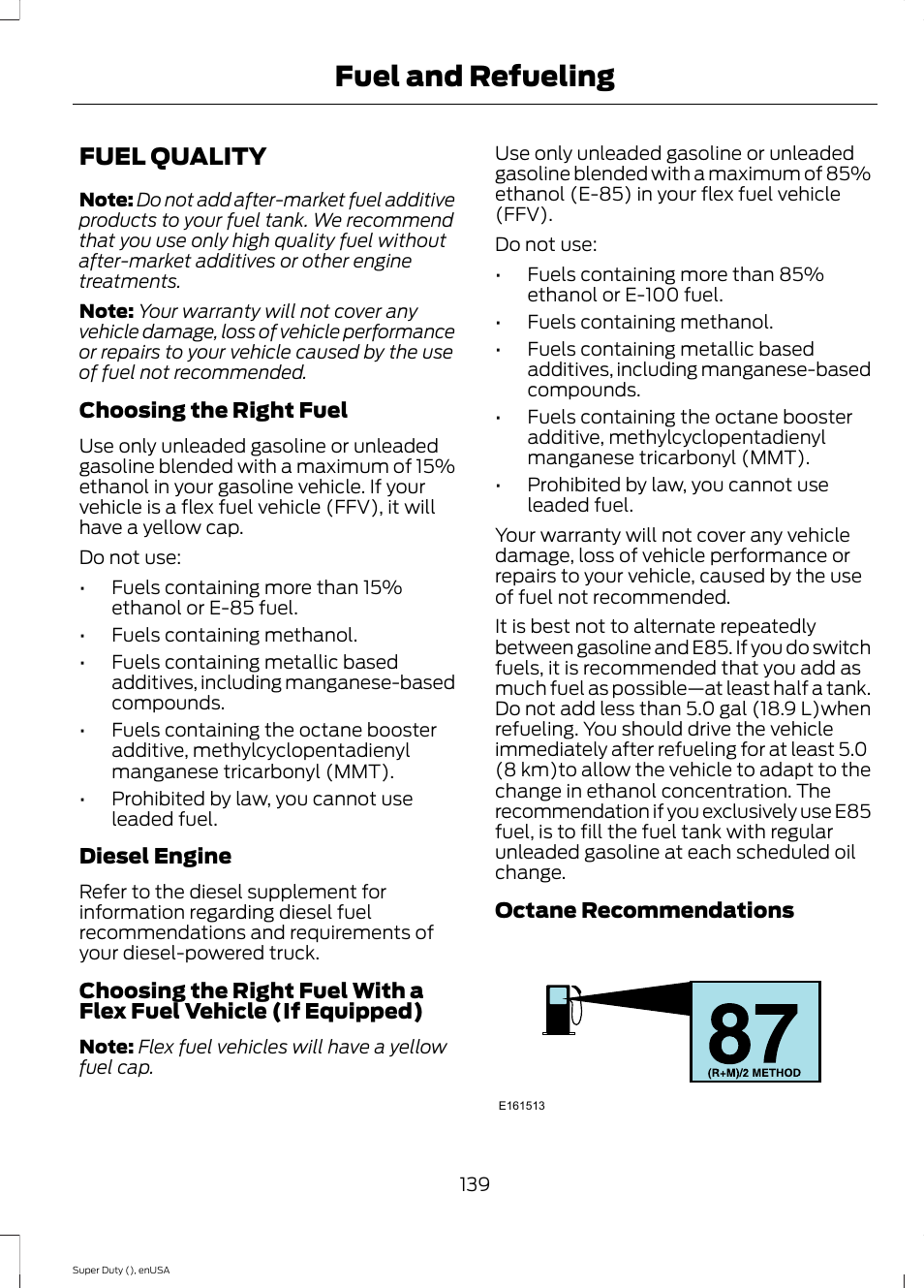 Fuel quality, Fuel and refueling | FORD 2015 F-550 v.2 User Manual | Page 142 / 468