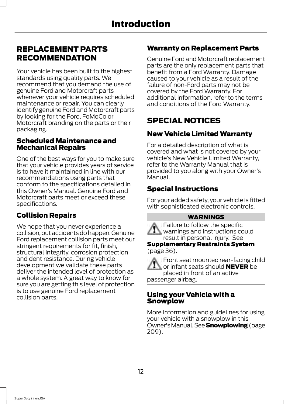 Replacement parts recommendation, Special notices, Replacement parts | Recommendation, Introduction | FORD 2015 F-550 v.2 User Manual | Page 15 / 468