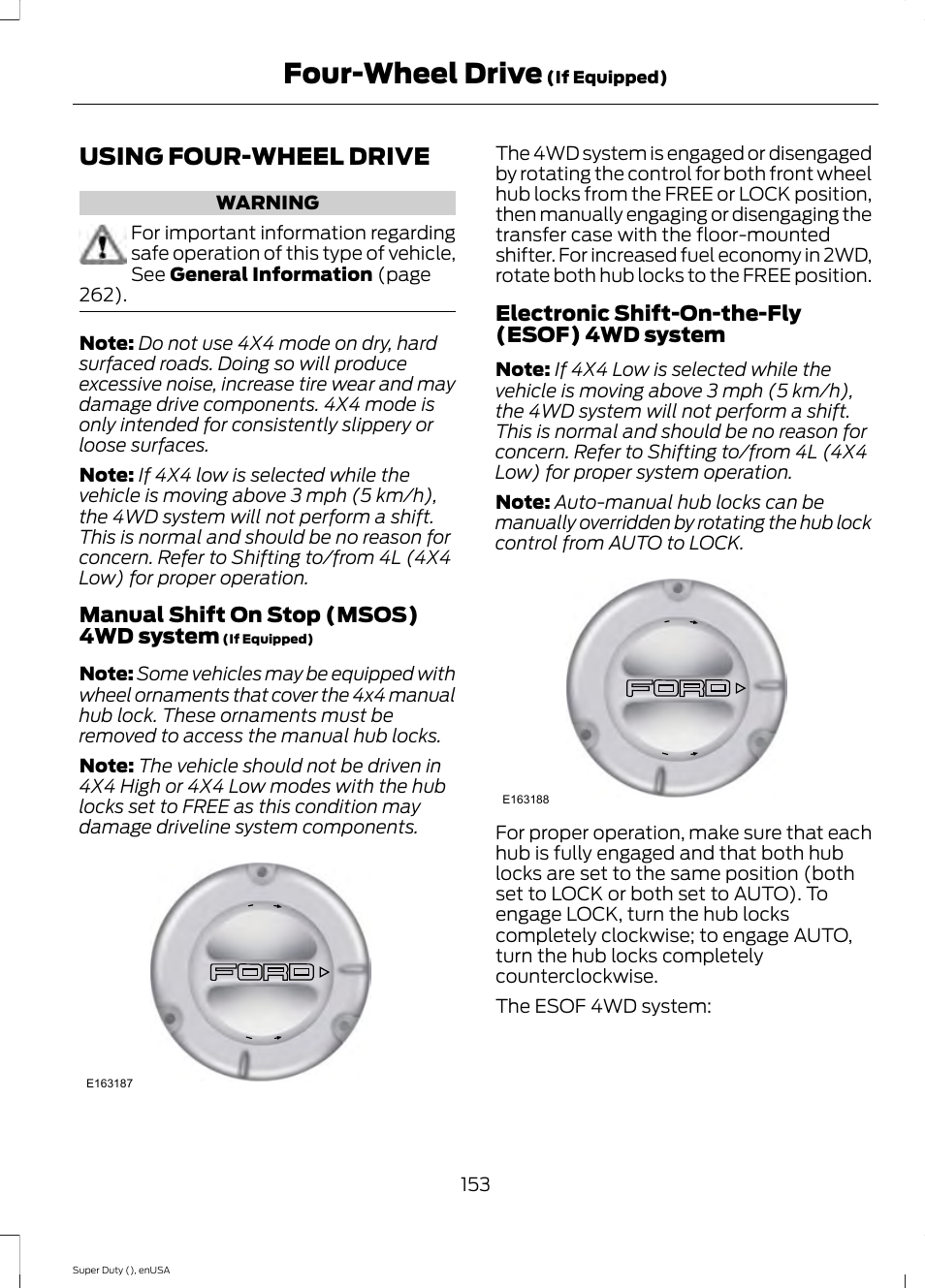 Four-wheel drive, Using four-wheel drive, See using | Manual shift on stop (msos) 4wd system, Electronic shift-on-the-fly (esof) 4wd system | FORD 2015 F-550 v.2 User Manual | Page 156 / 468