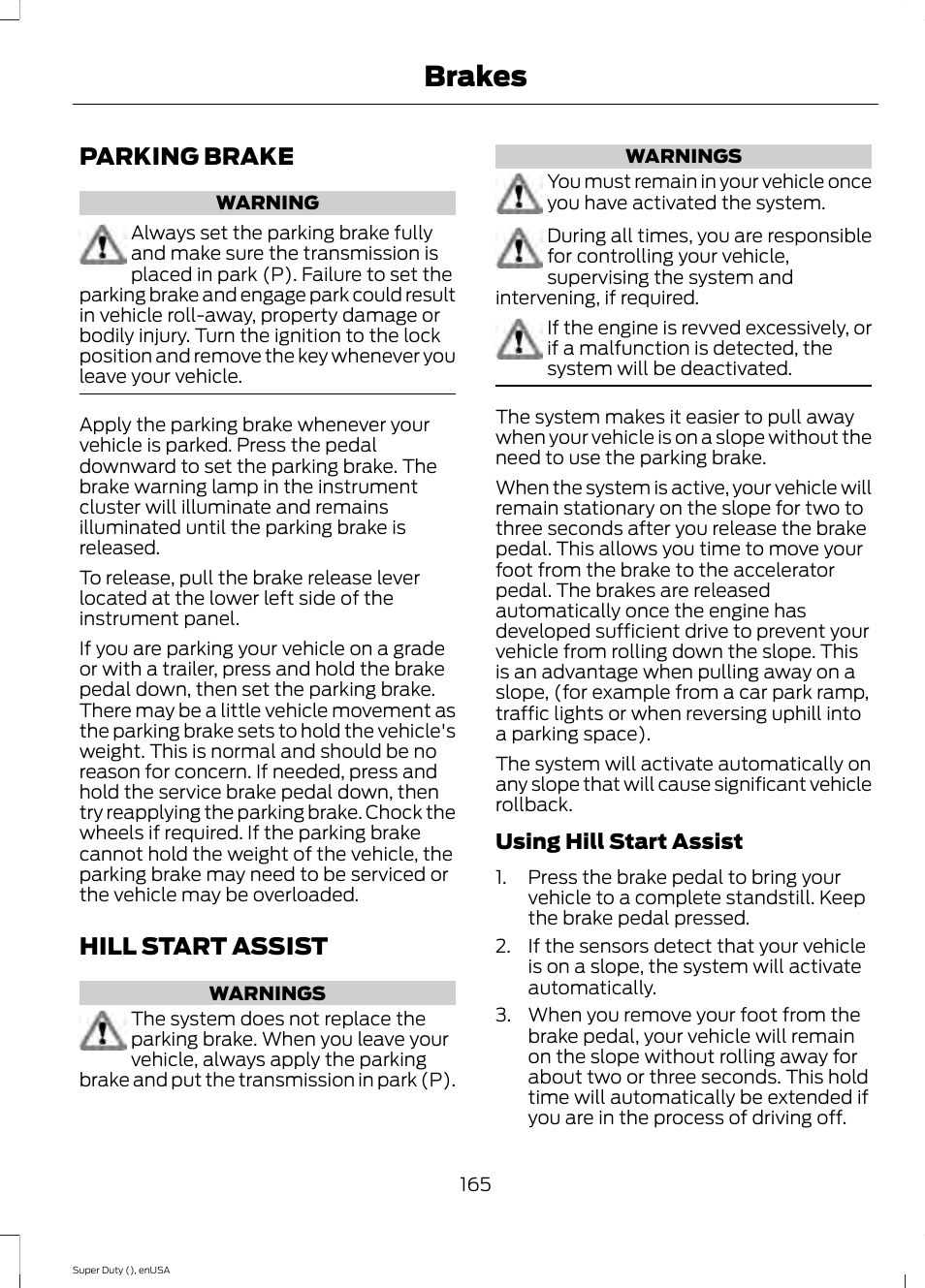 Parking brake, Hill start assist, Parking brake hill start assist | Brakes | FORD 2015 F-550 v.2 User Manual | Page 168 / 468