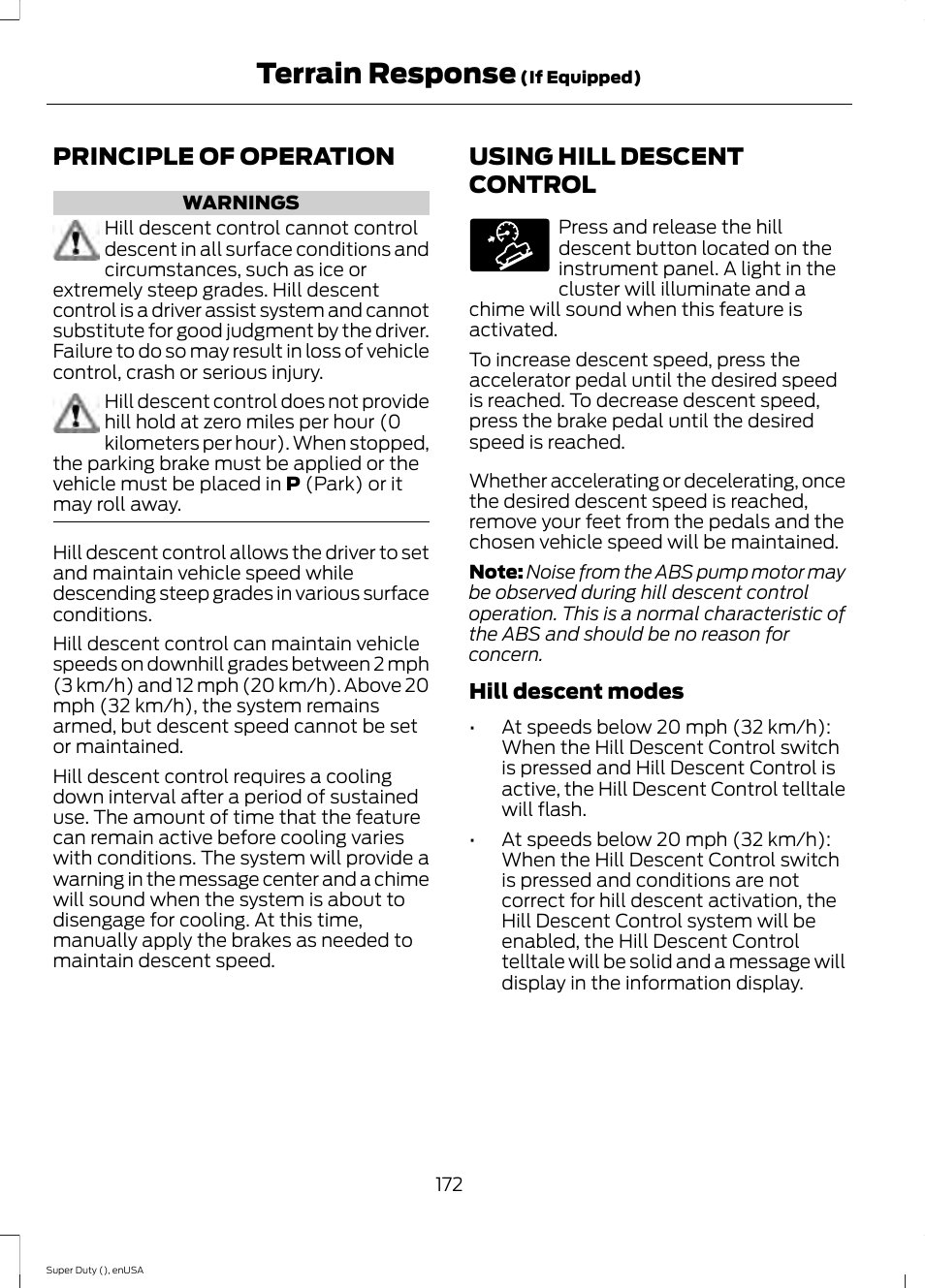 Terrain response, Principle of operation, Using hill descent control | Principle of operation using hill descent control | FORD 2015 F-550 v.2 User Manual | Page 175 / 468