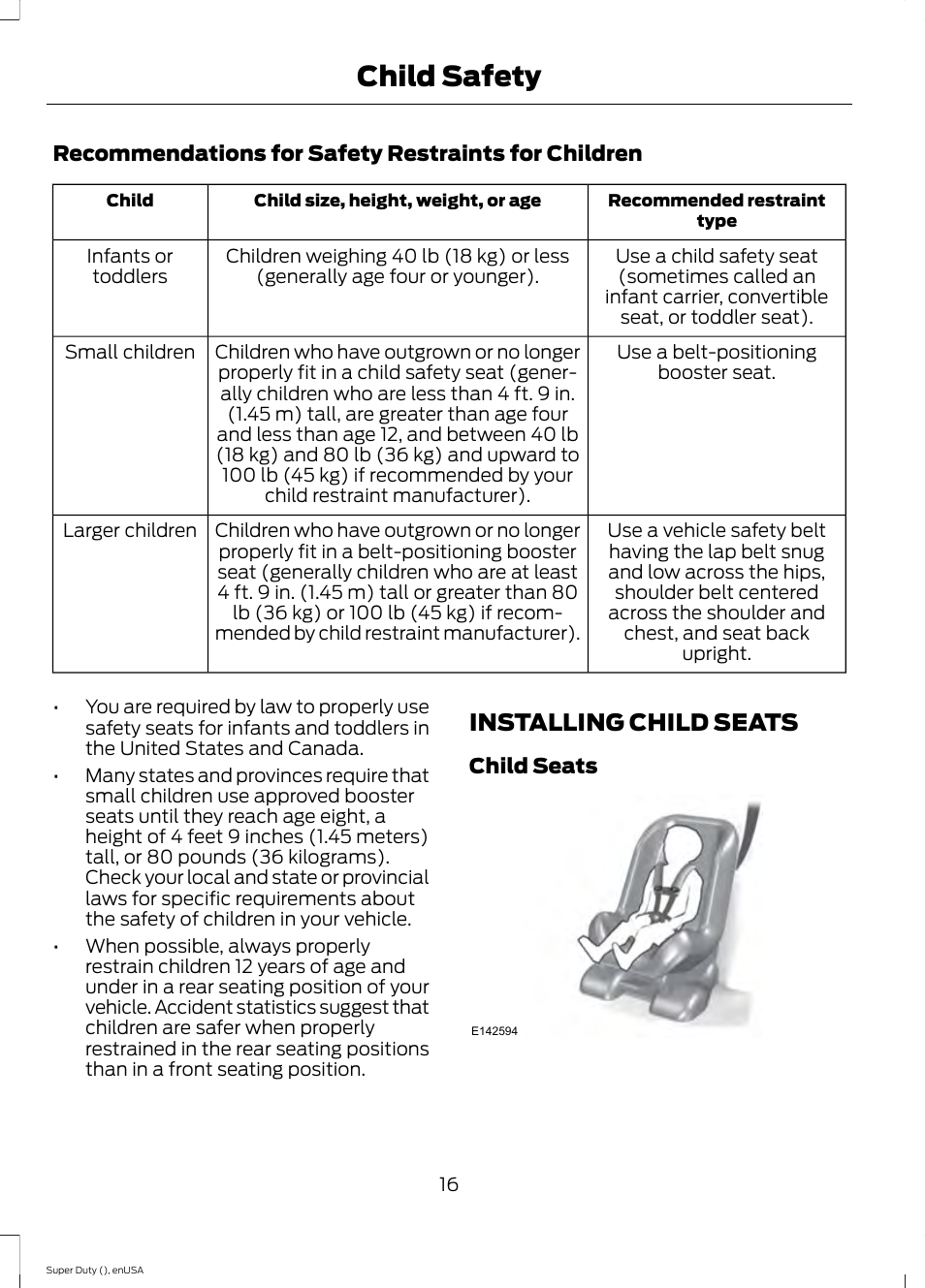 Installing child seats, Child safety | FORD 2015 F-550 v.2 User Manual | Page 19 / 468