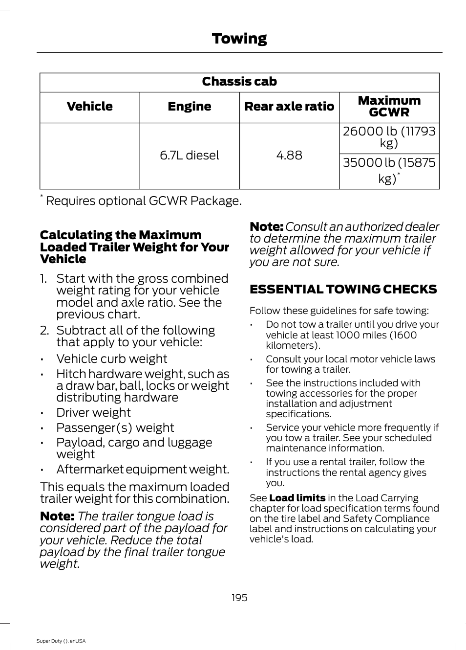 Essential towing checks, Towing | FORD 2015 F-550 v.2 User Manual | Page 198 / 468