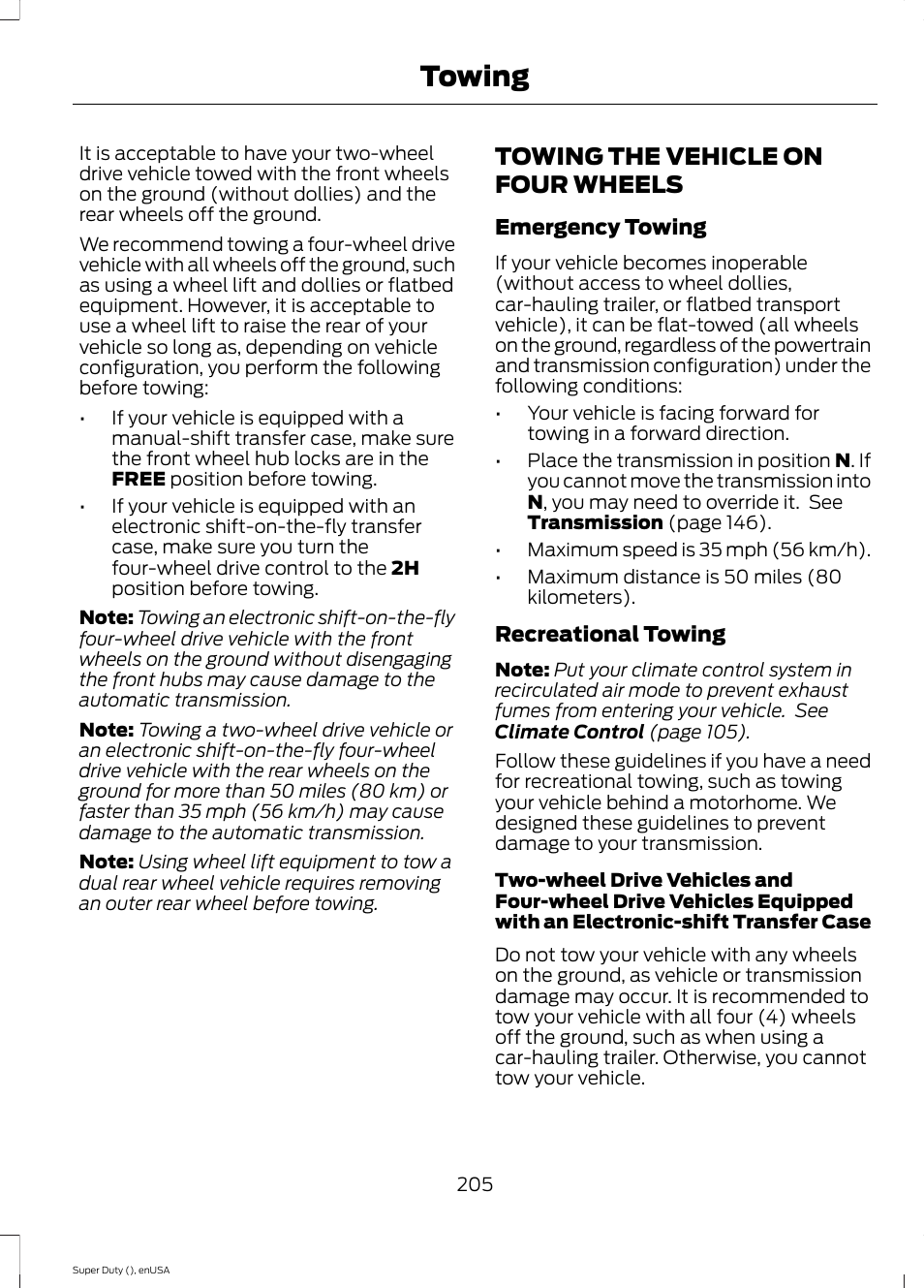 Towing the vehicle on four wheels, Towing | FORD 2015 F-550 v.2 User Manual | Page 208 / 468