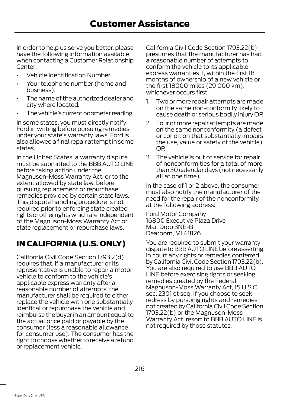 In california (u.s. only), Customer assistance | FORD 2015 F-550 v.2 User Manual | Page 219 / 468