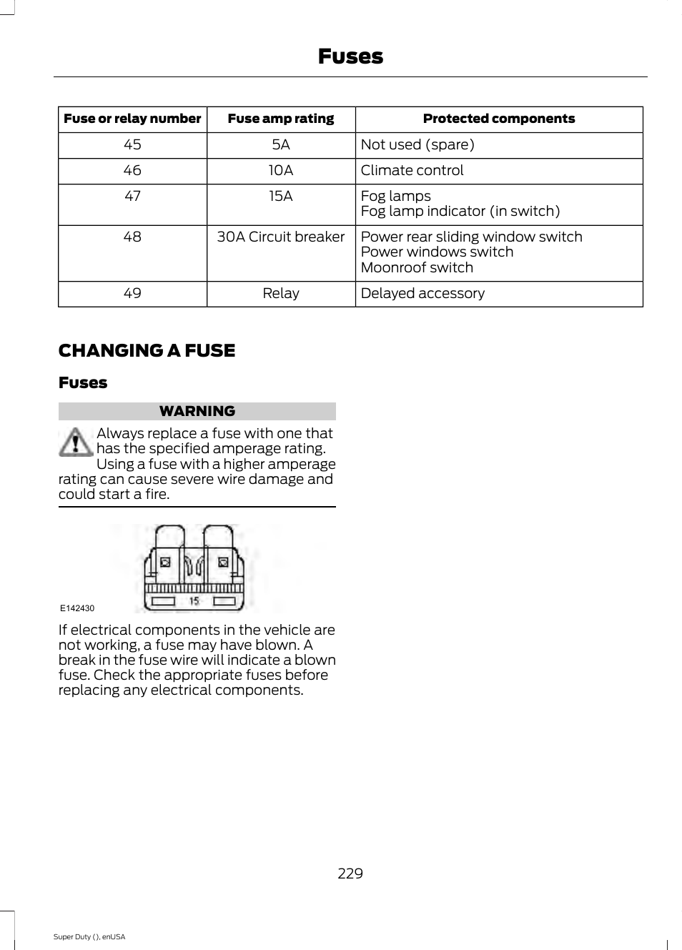 Changing a fuse, Fuses | FORD 2015 F-550 v.2 User Manual | Page 232 / 468