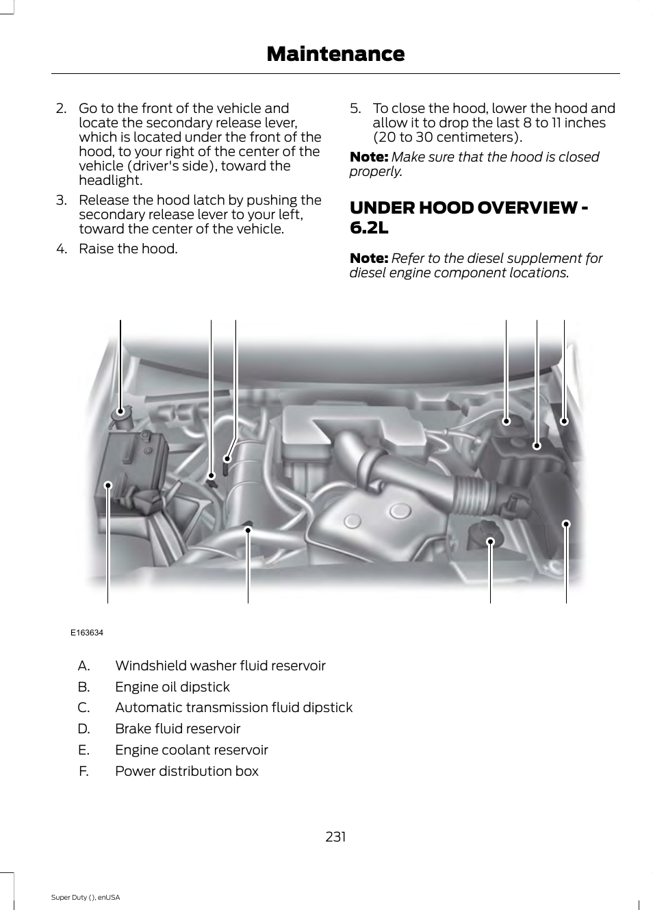 Under hood overview, Under hood overview - 6.2l, Maintenance | FORD 2015 F-550 v.2 User Manual | Page 234 / 468