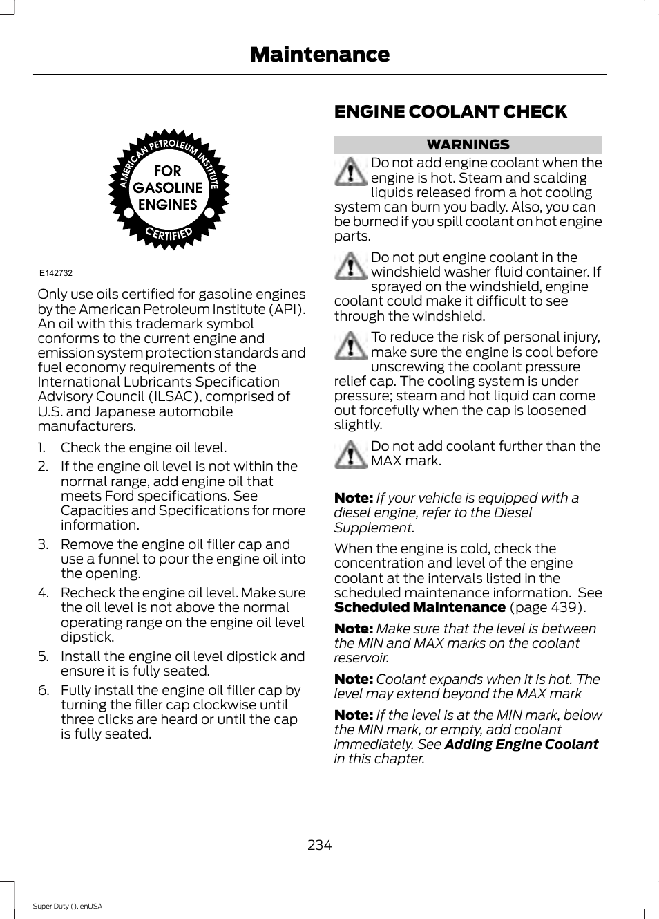 Engine coolant check, E see engine coolant check, Maintenance | FORD 2015 F-550 v.2 User Manual | Page 237 / 468