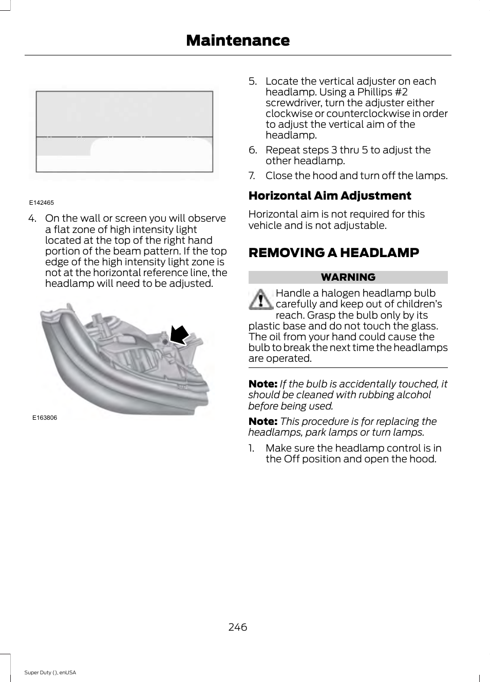 Removing a headlamp, Maintenance | FORD 2015 F-550 v.2 User Manual | Page 249 / 468