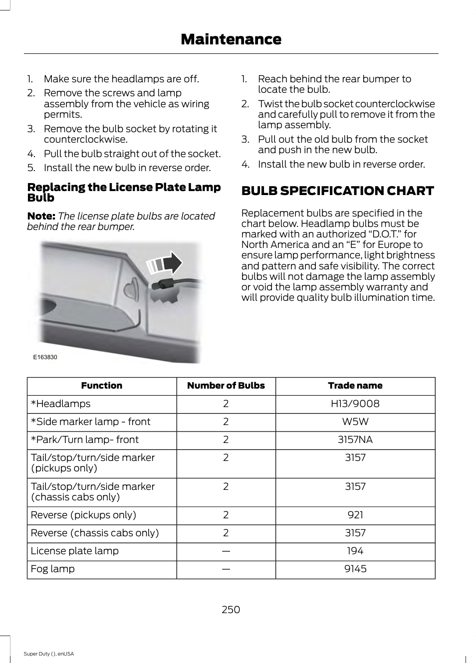 Bulb specification chart, Maintenance | FORD 2015 F-550 v.2 User Manual | Page 253 / 468