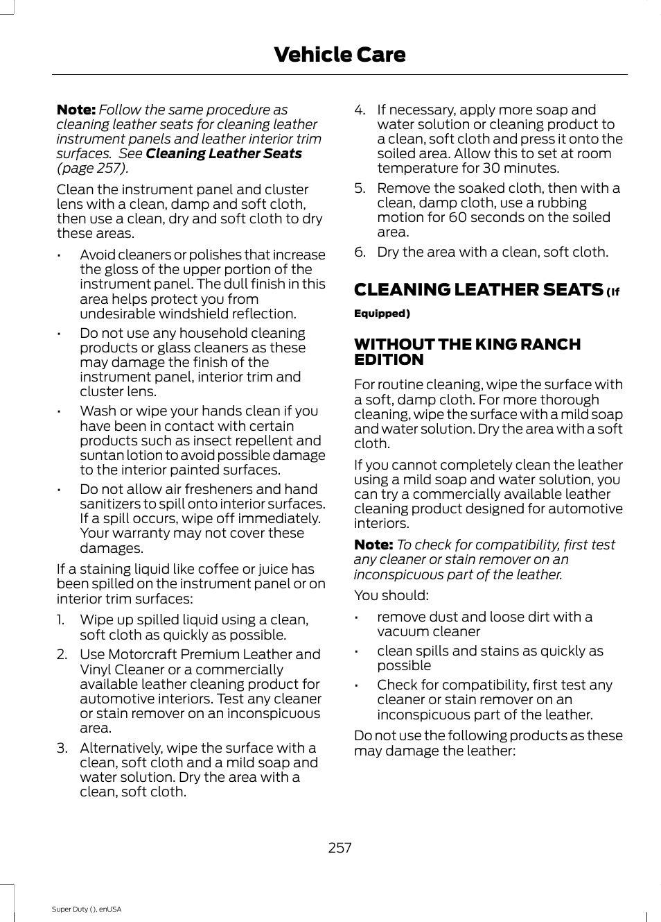 Cleaning leather seats, Vehicle care | FORD 2015 F-550 v.2 User Manual | Page 260 / 468