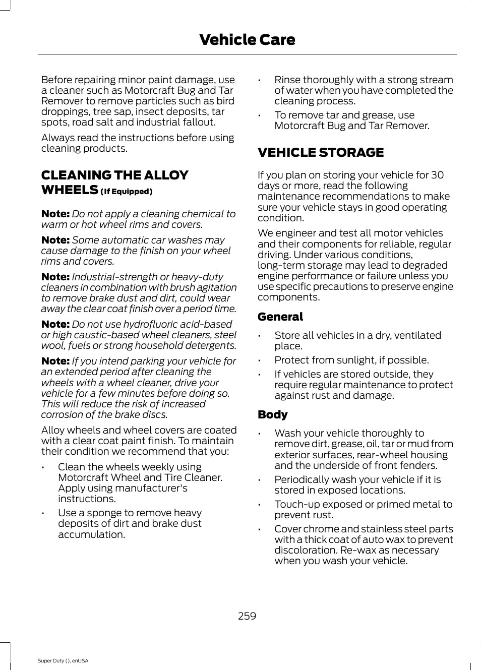 Cleaning the alloy wheels, Vehicle storage, Vehicle care | FORD 2015 F-550 v.2 User Manual | Page 262 / 468