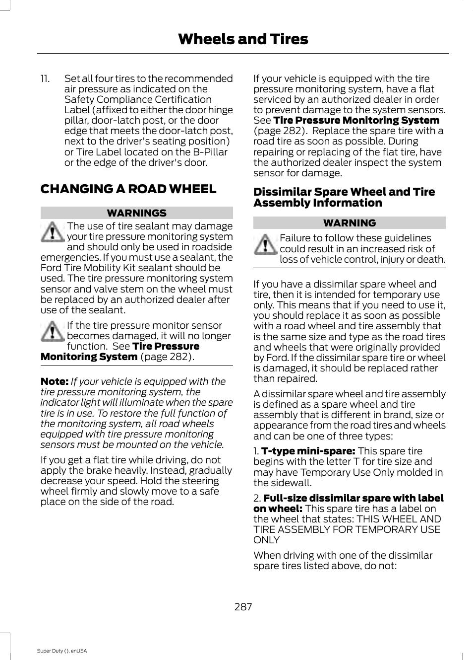 Changing a road wheel, Wheels and tires | FORD 2015 F-550 v.2 User Manual | Page 290 / 468