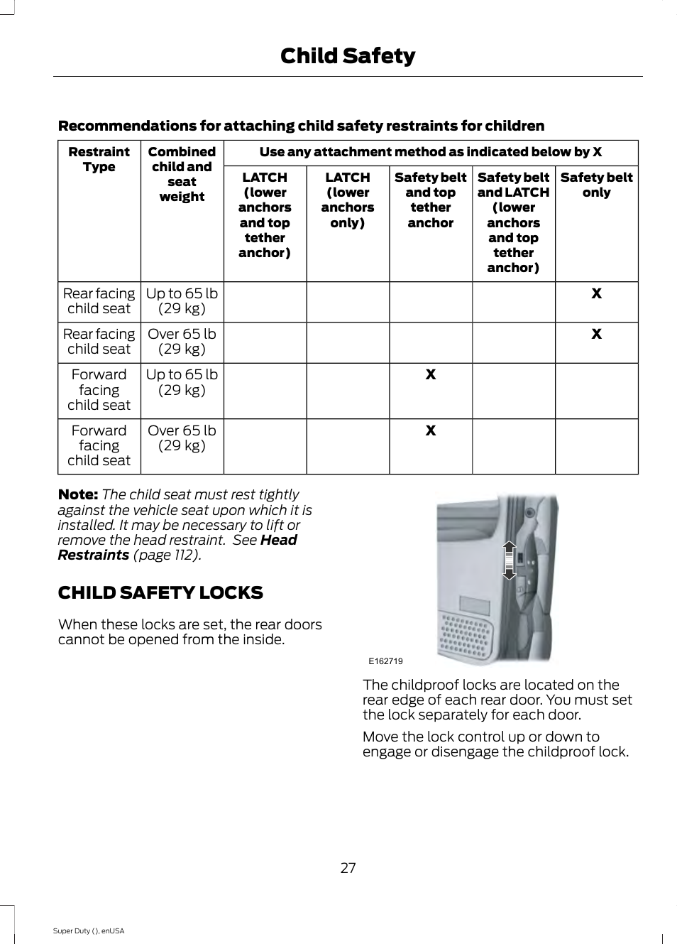 Child safety locks, Child safety | FORD 2015 F-550 v.2 User Manual | Page 30 / 468