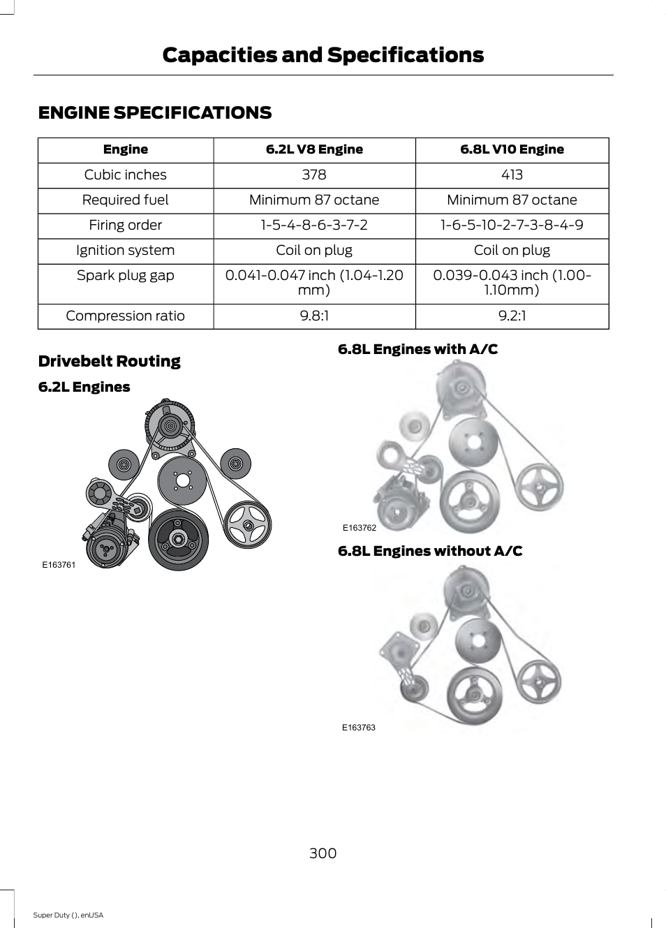 Capacities and specifications, Engine specifications, Capacities and specific | Ations | FORD 2015 F-550 v.2 User Manual | Page 303 / 468