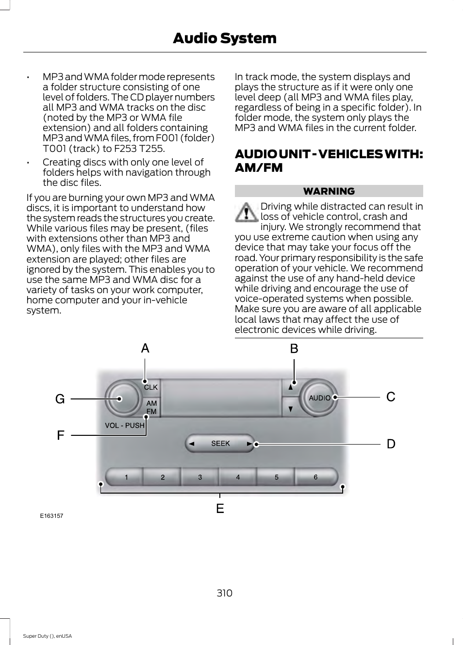 Audio unit, Audio unit - vehicles with: am/fm, Audio system | FORD 2015 F-550 v.2 User Manual | Page 313 / 468