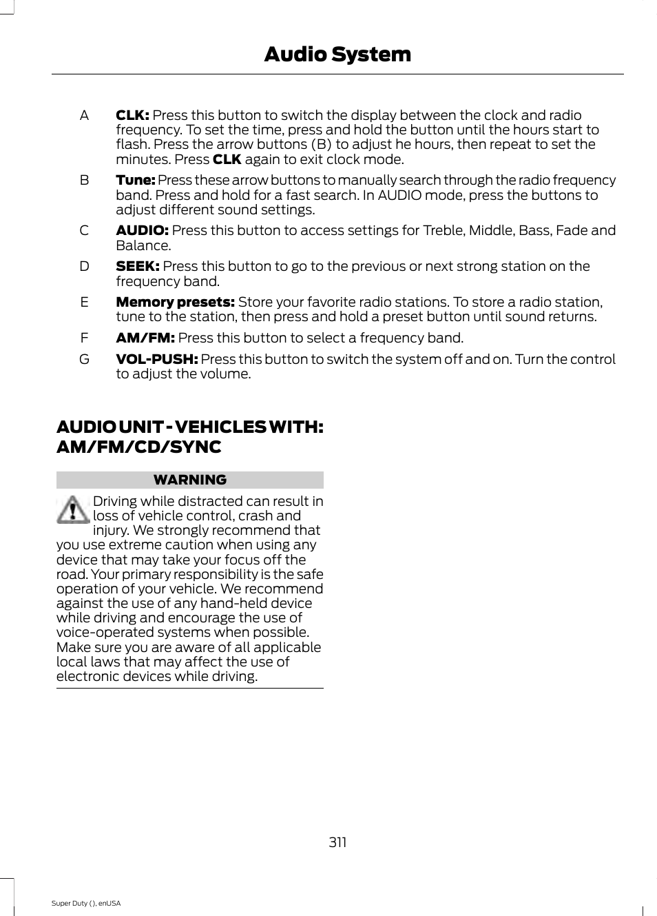 Audio unit, Audio unit - vehicles with: am/fm/cd, Sync | Audio system, Audio unit - vehicles with: am/fm/cd/sync | FORD 2015 F-550 v.2 User Manual | Page 314 / 468