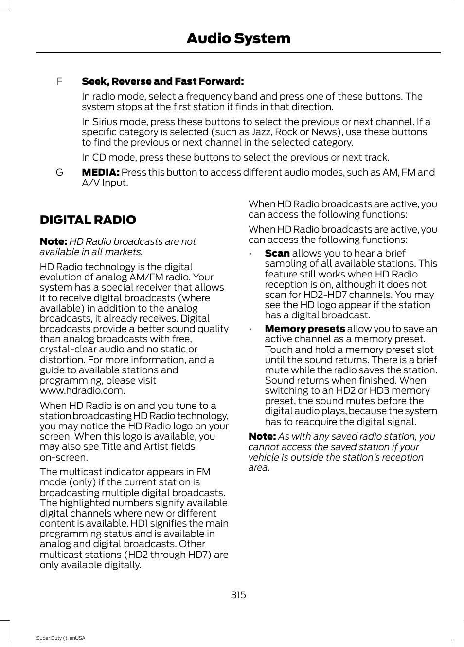 Digital radio, Audio system | FORD 2015 F-550 v.2 User Manual | Page 318 / 468