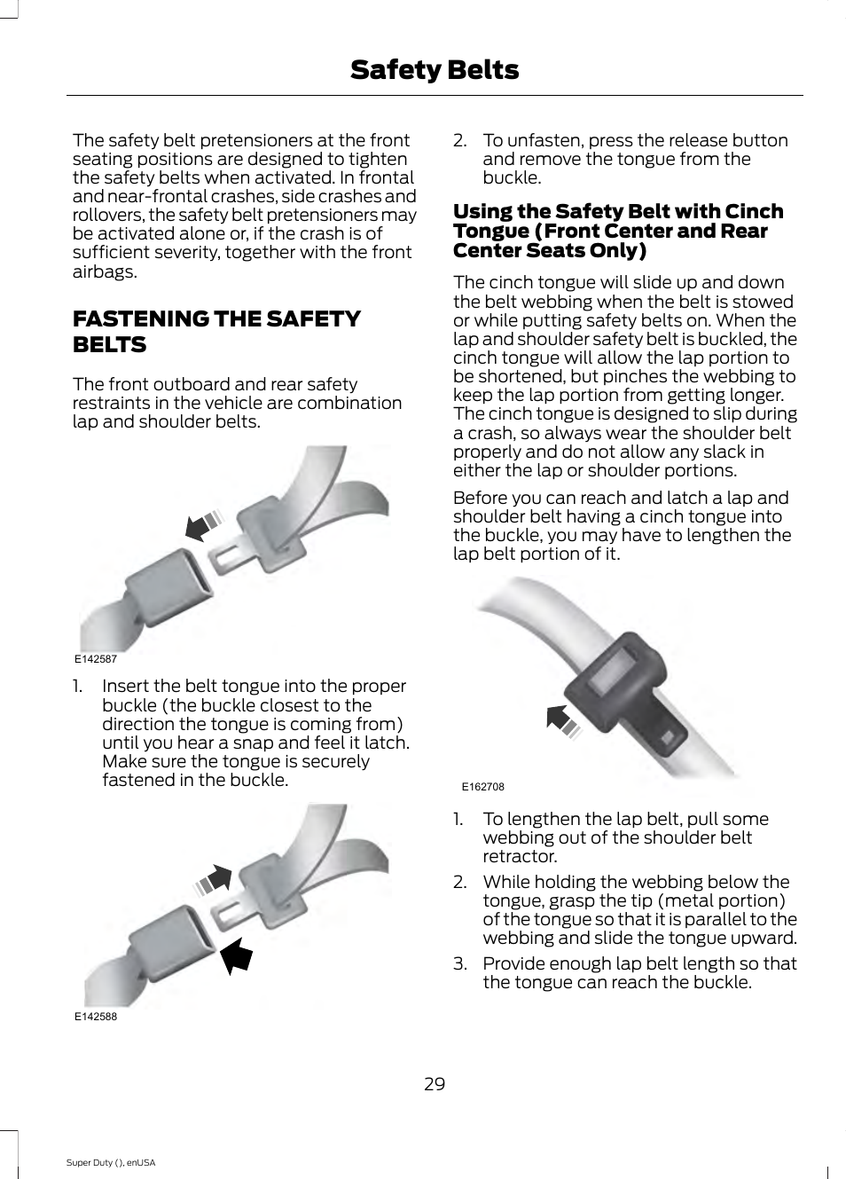 Fastening the safety belts, Safety belts | FORD 2015 F-550 v.2 User Manual | Page 32 / 468