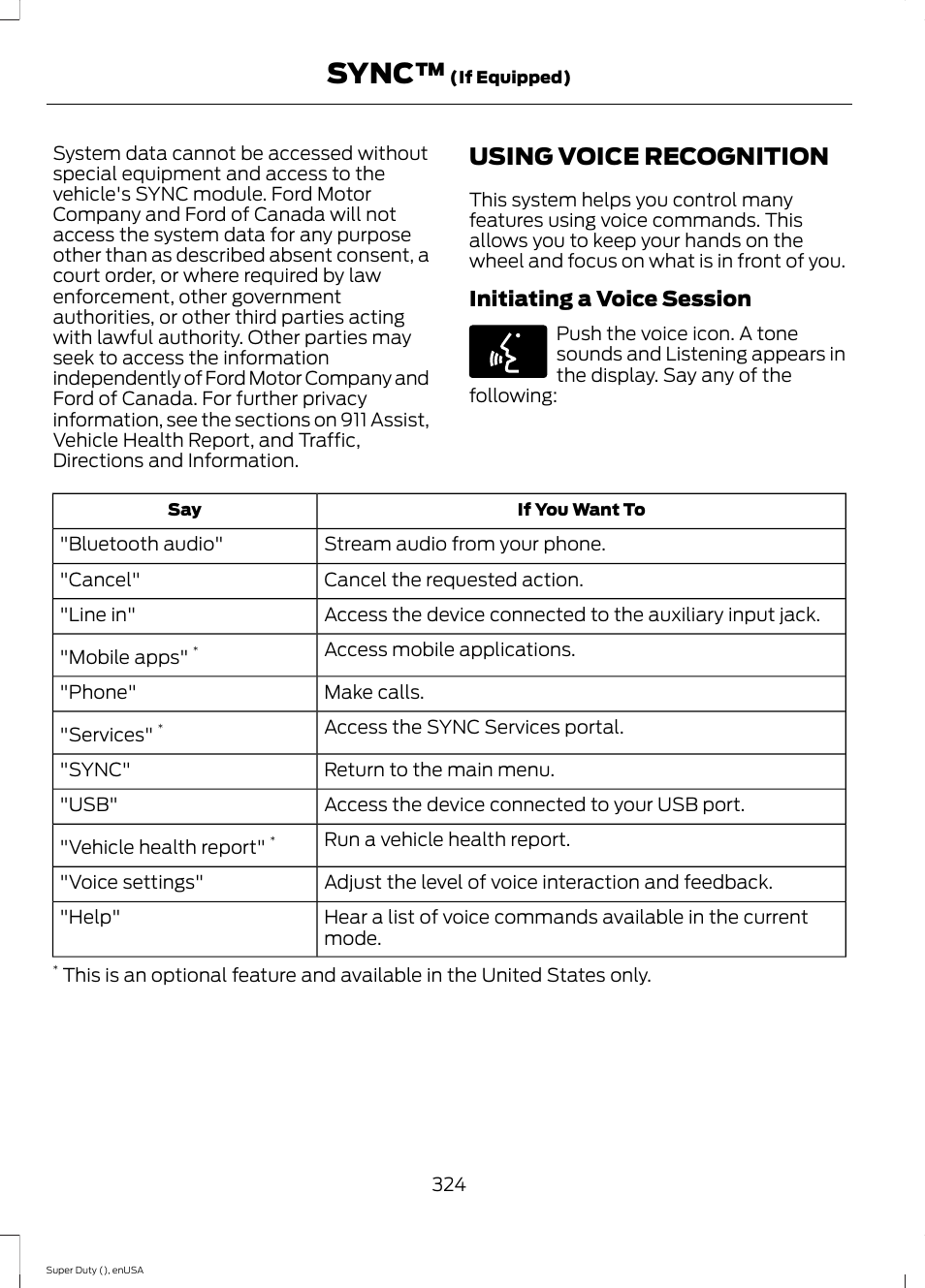 Using voice recognition, Sync | FORD 2015 F-550 v.2 User Manual | Page 327 / 468