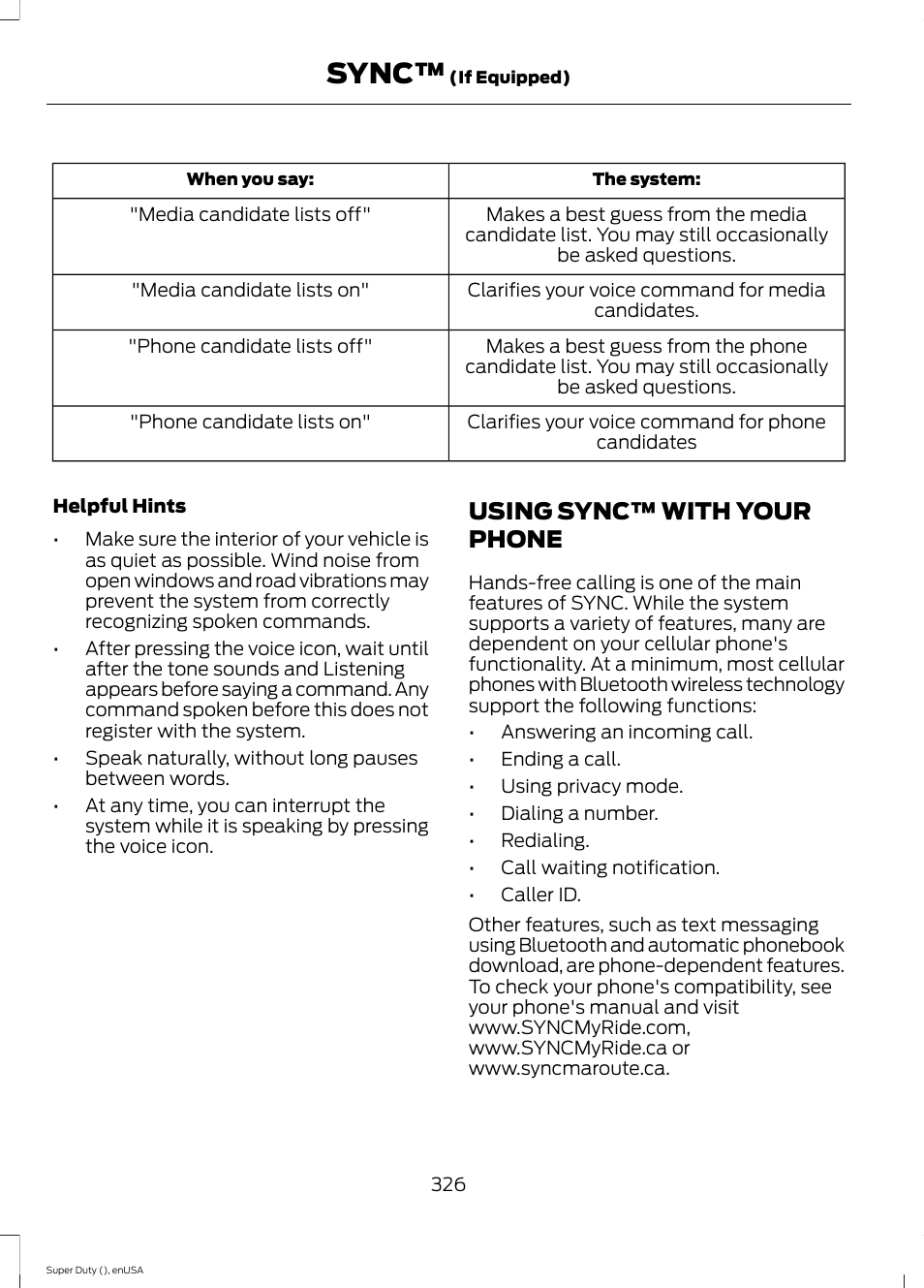 Using sync™ with your phone, Sync | FORD 2015 F-550 v.2 User Manual | Page 329 / 468