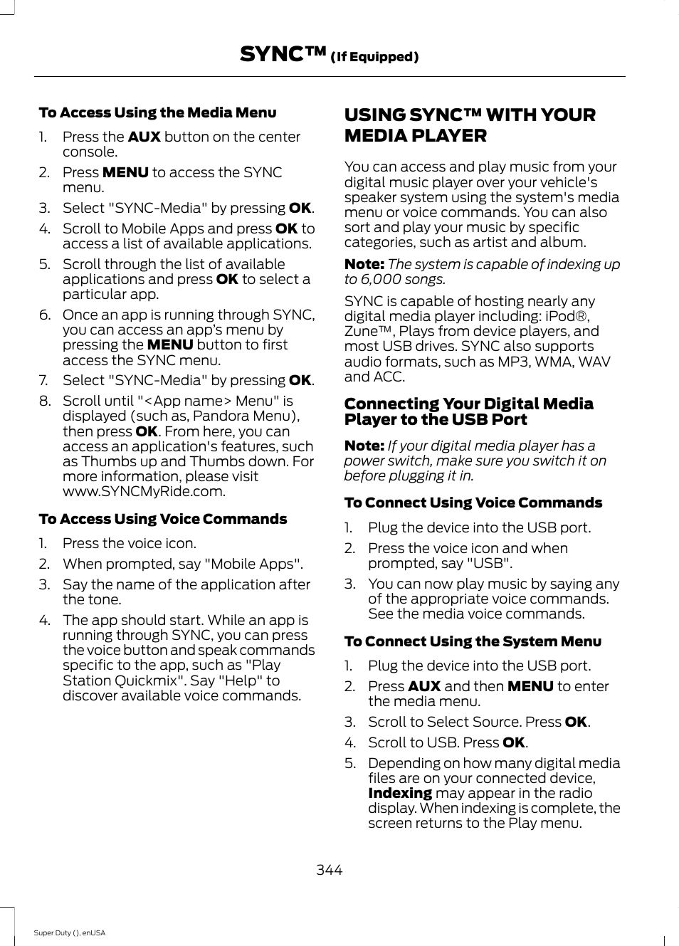 Using sync™ with your media player, Using sync™ with your media, Player | Sync | FORD 2015 F-550 v.2 User Manual | Page 347 / 468