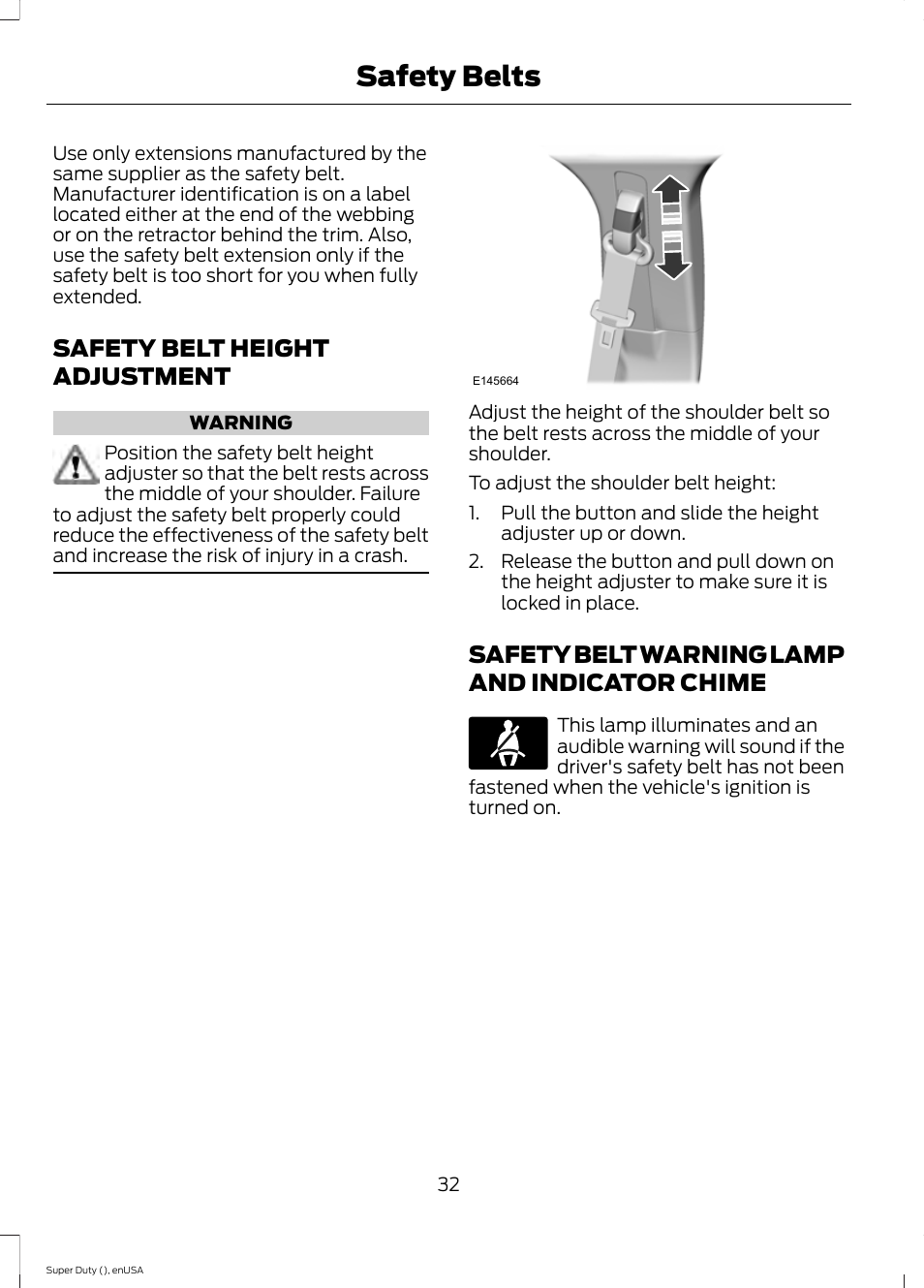 Safety belt height adjustment, Safety belt warning lamp and indicator chime, Chime | Safety belts | FORD 2015 F-550 v.2 User Manual | Page 35 / 468