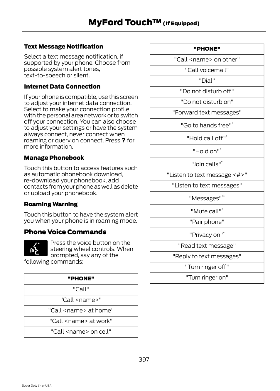 Myford touch, Phone voice commands | FORD 2015 F-550 v.2 User Manual | Page 400 / 468