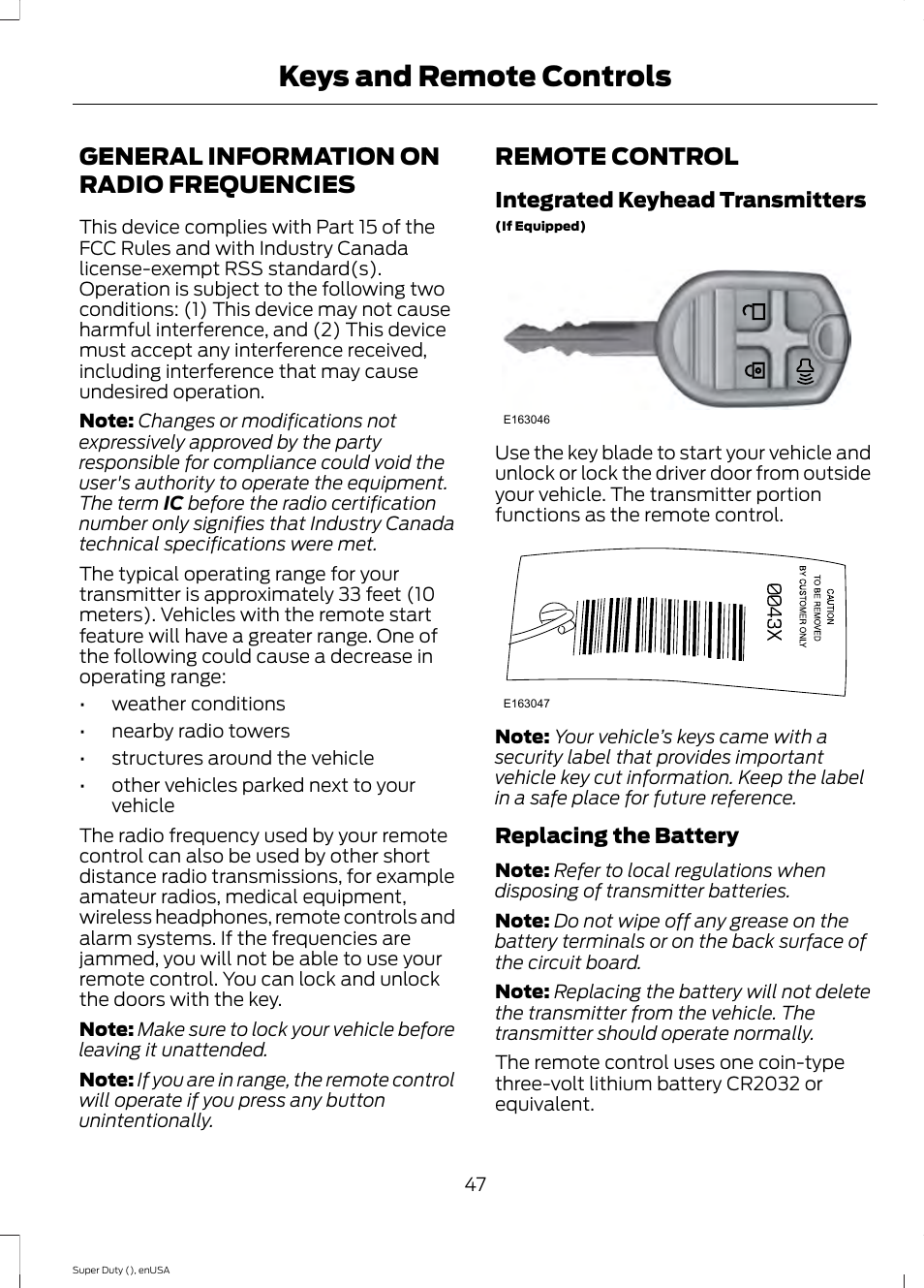 Keys and remote controls, General information on radio frequencies, Remote control | General information on radio, Frequencies | FORD 2015 F-550 v.2 User Manual | Page 50 / 468