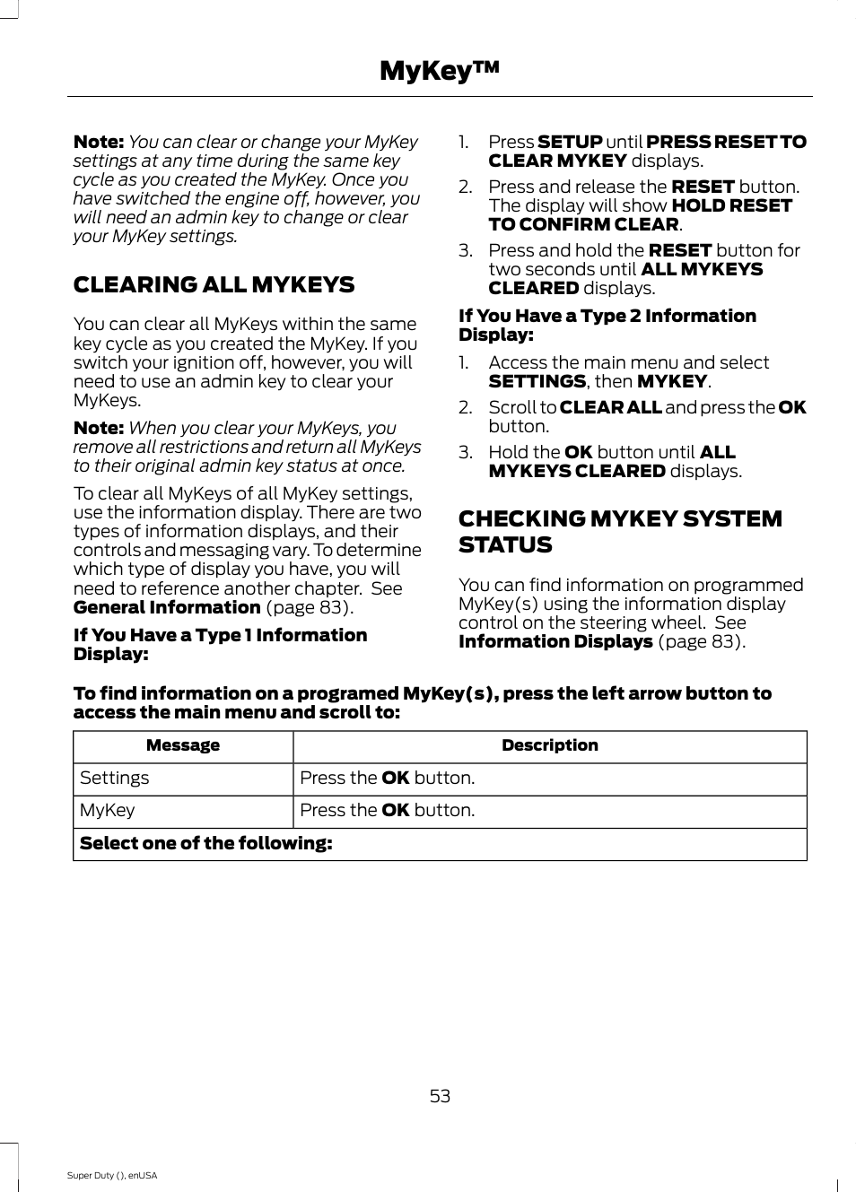Clearing all mykeys, Checking mykey system status, Clearing all mykeys checking mykey system status | Mykey | FORD 2015 F-550 v.2 User Manual | Page 56 / 468