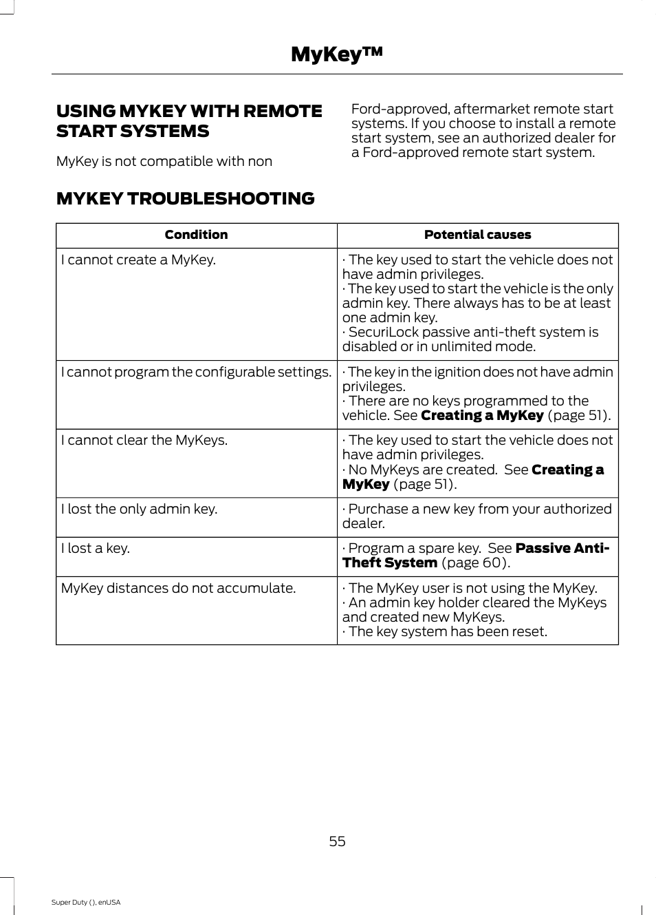 Using mykey with remote start systems, Mykey troubleshooting, Using mykey with remote start | Systems, Mykey | FORD 2015 F-550 v.2 User Manual | Page 58 / 468