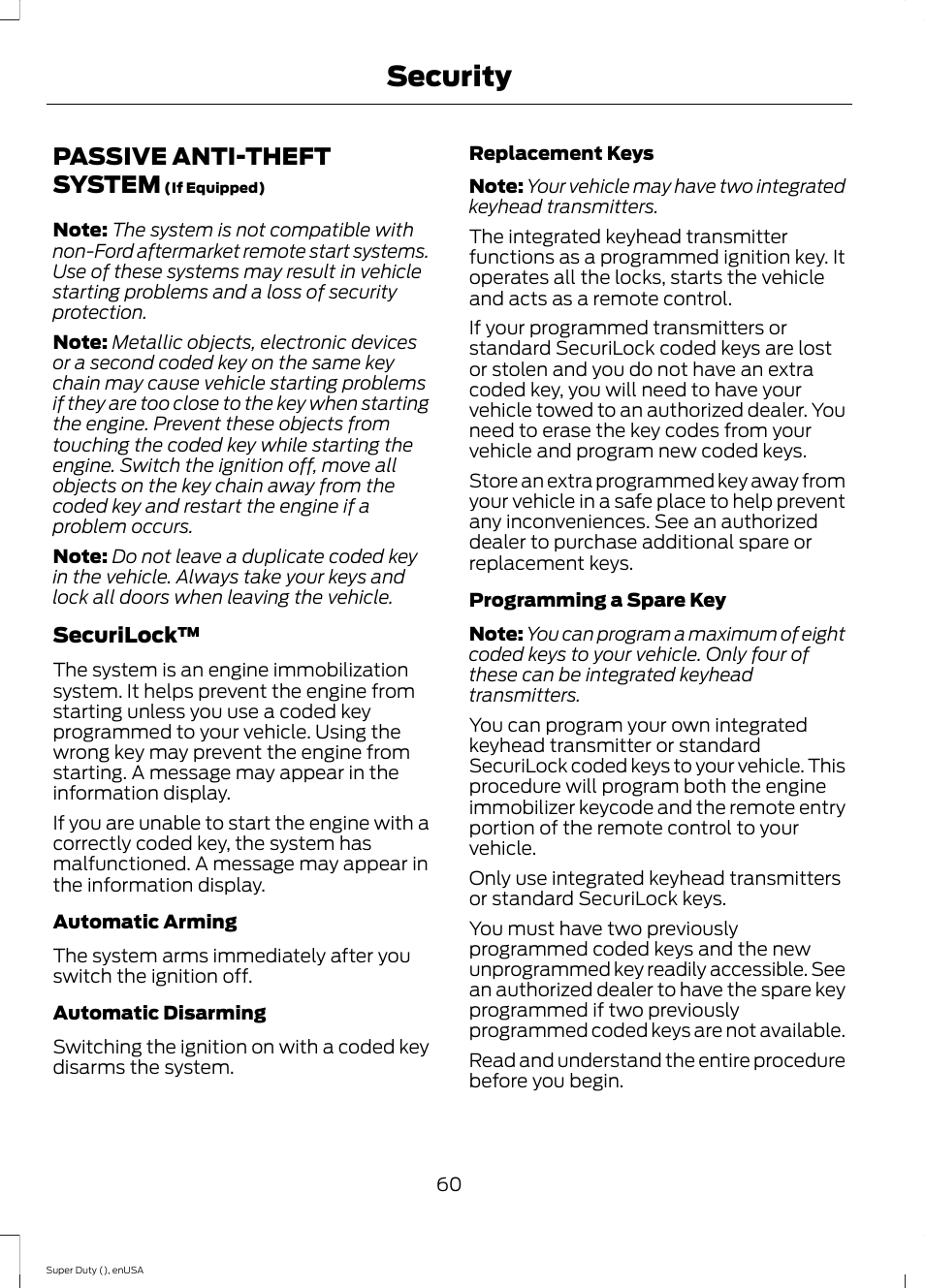 Security, Passive anti-theft system | FORD 2015 F-550 v.2 User Manual | Page 63 / 468