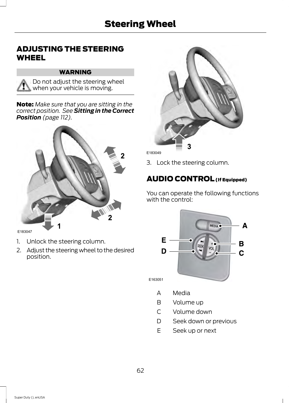 Steering wheel, Adjusting the steering wheel, Audio control | Adjusting the steering wheel audio control | FORD 2015 F-550 v.2 User Manual | Page 65 / 468