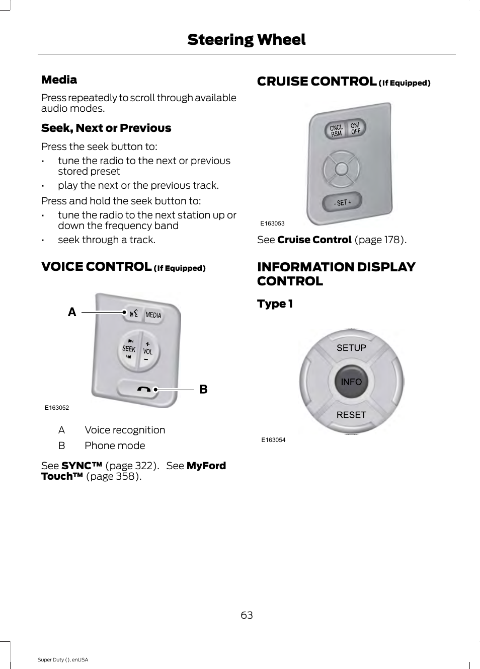 Voice control, Cruise control, Information display control | Steering wheel | FORD 2015 F-550 v.2 User Manual | Page 66 / 468