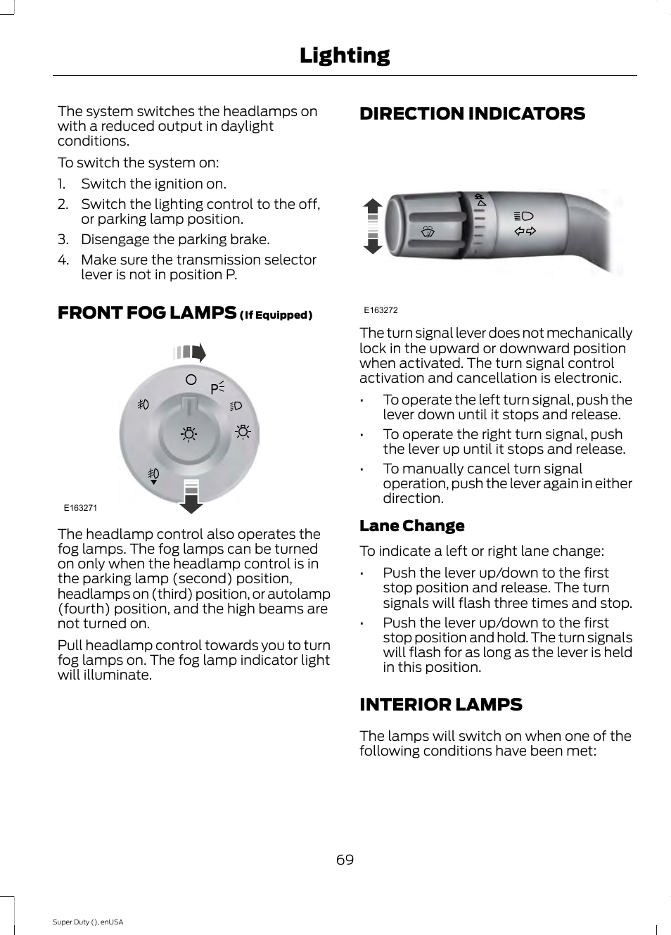 Front fog lamps, Direction indicators, Interior lamps | Lighting | FORD 2015 F-550 v.2 User Manual | Page 72 / 468