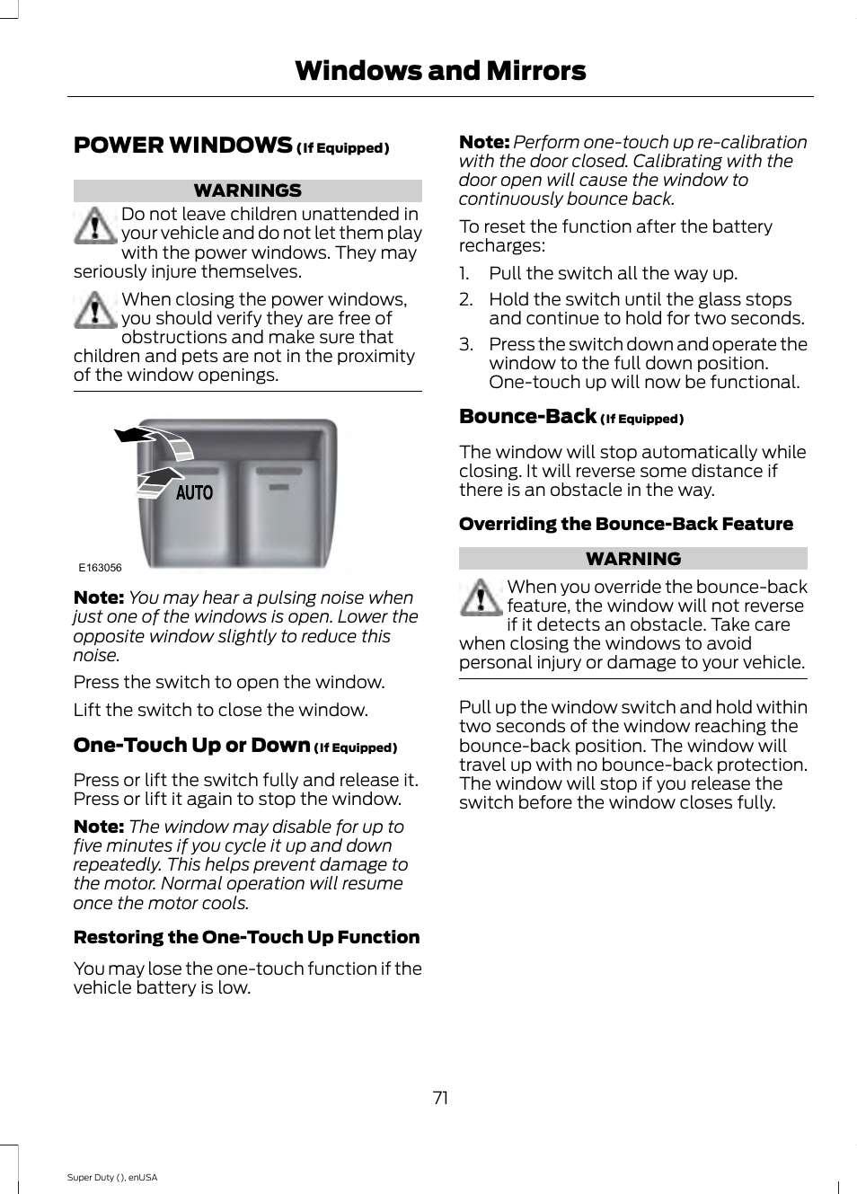 Windows and mirrors, Power windows | FORD 2015 F-550 v.2 User Manual | Page 74 / 468