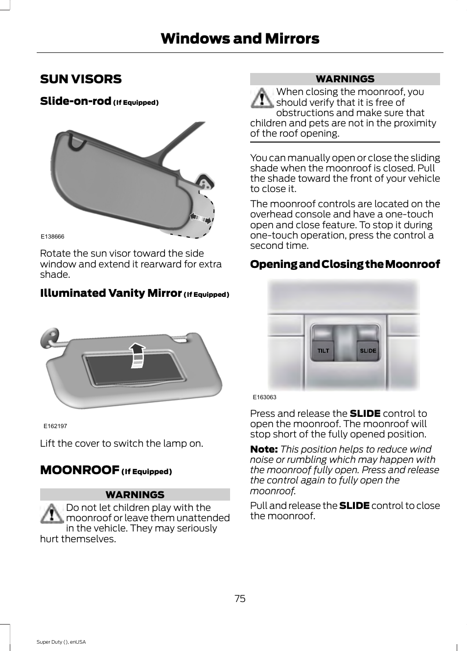 Sun visors, Moonroof, Sun visors moonroof | Windows and mirrors | FORD 2015 F-550 v.2 User Manual | Page 78 / 468