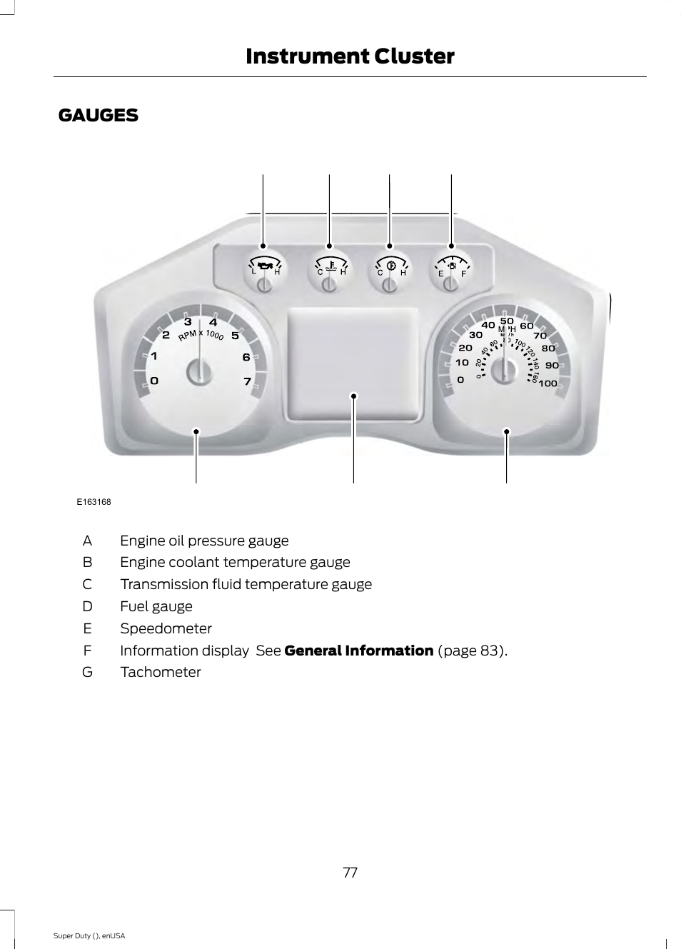 Instrument cluster, Gauges | FORD 2015 F-550 v.2 User Manual | Page 80 / 468