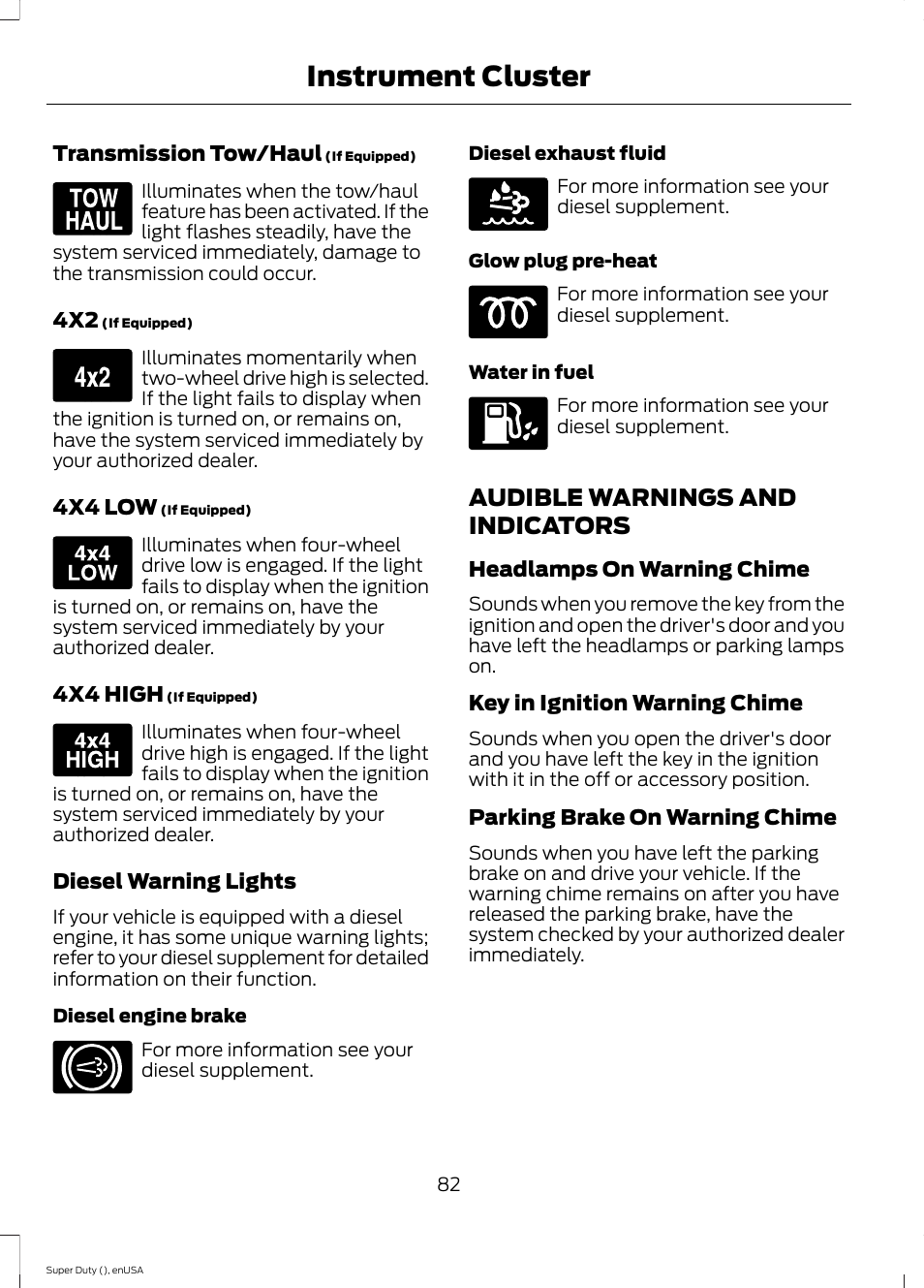 Audible warnings and indicators, Instrument cluster | FORD 2015 F-550 v.2 User Manual | Page 85 / 468