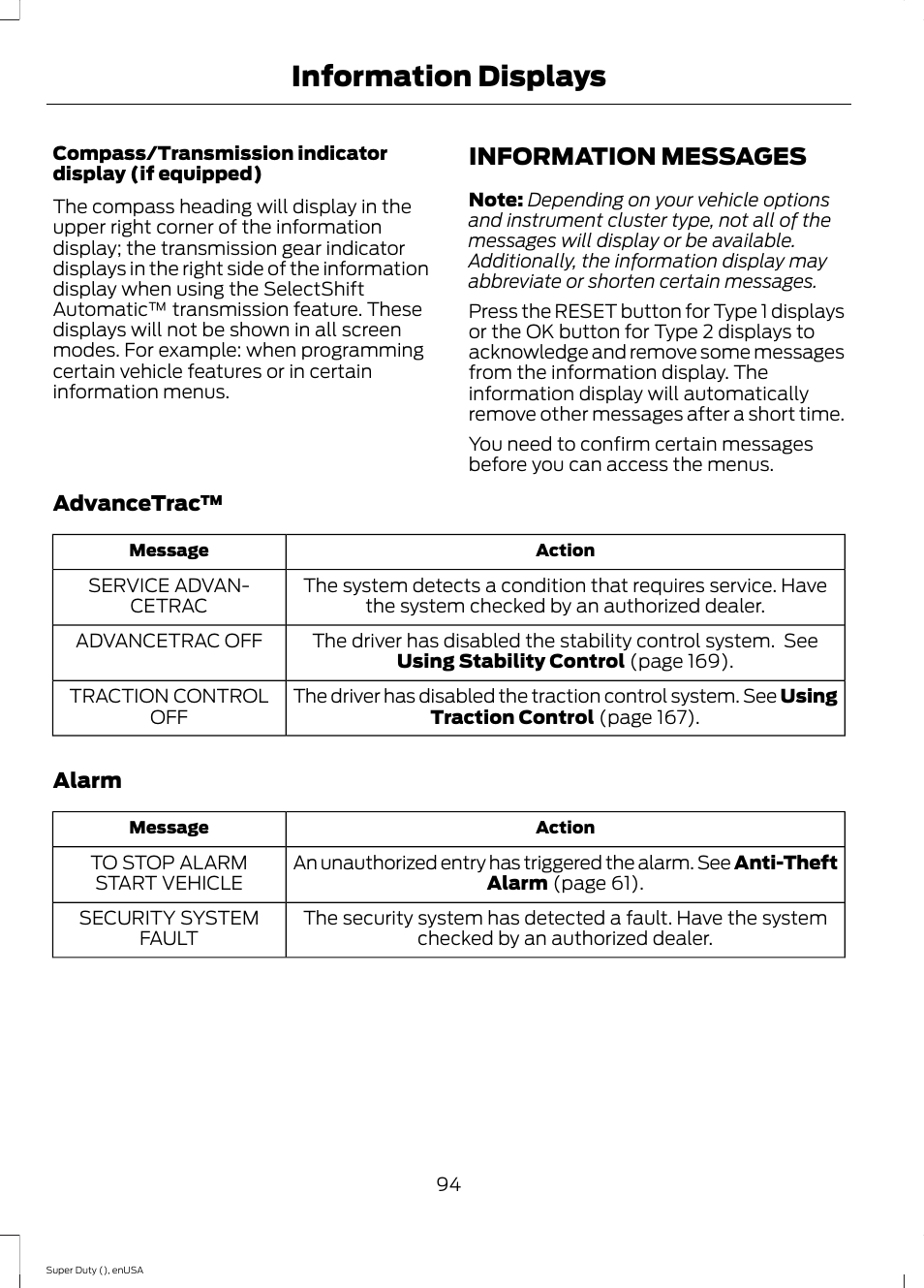 Information messages, Information displays | FORD 2015 F-550 v.2 User Manual | Page 97 / 468