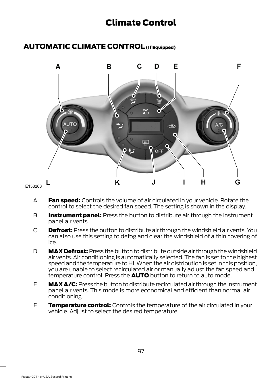 Automatic climate control, Climate control | FORD 2015 Fiesta User Manual | Page 100 / 423