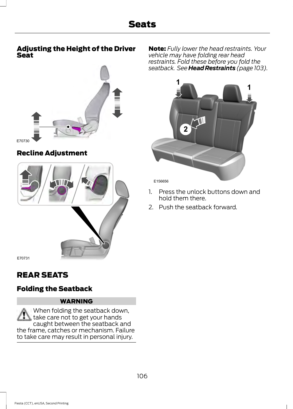 Rear seats, Seats | FORD 2015 Fiesta User Manual | Page 109 / 423