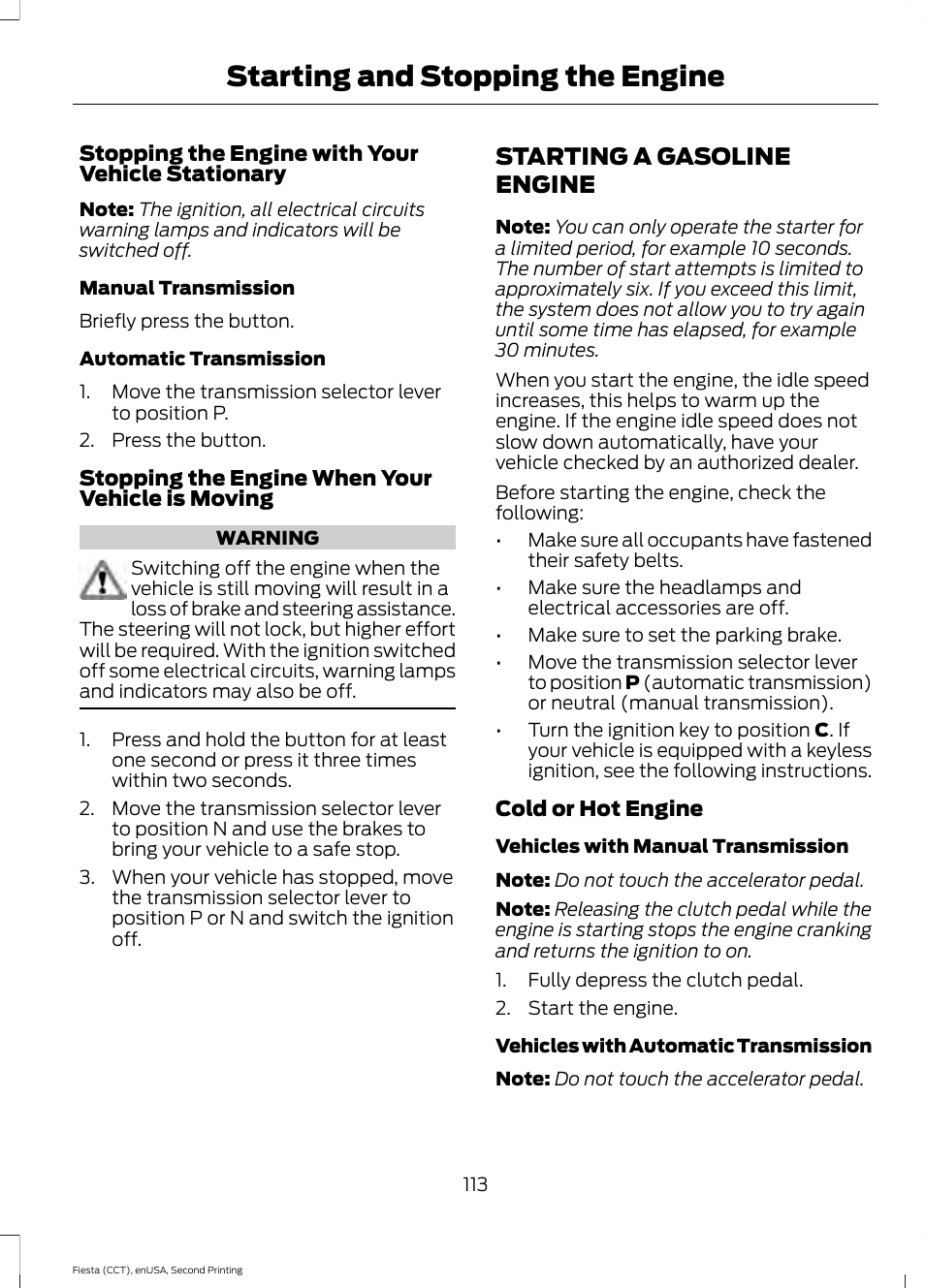 Starting a gasoline engine, Starting and stopping the engine | FORD 2015 Fiesta User Manual | Page 116 / 423