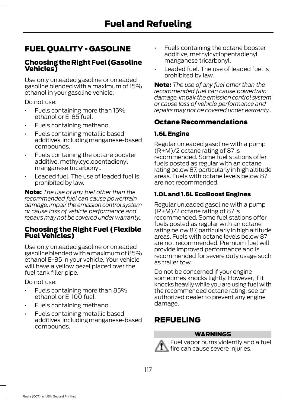 Fuel quality, Refueling, Fuel quality - gasoline refueling | Fuel and refueling, Fuel quality - gasoline | FORD 2015 Fiesta User Manual | Page 120 / 423